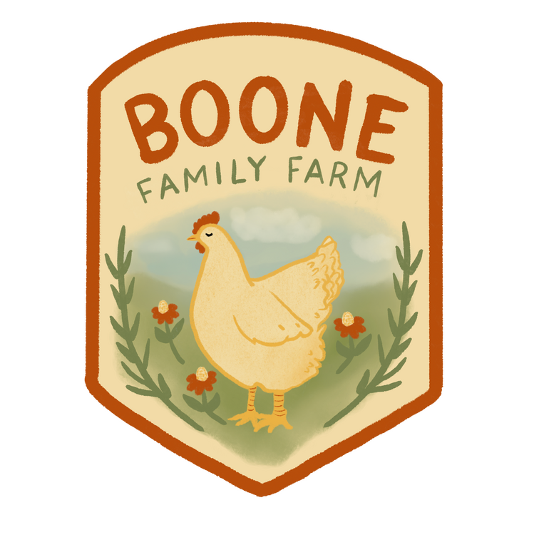 Logo with chicken and red flower that reads Boone Family Farm